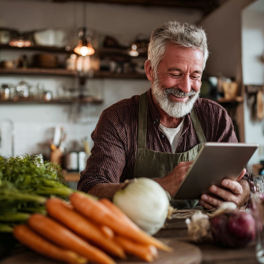 Чоловік 58 років з усмішкою переглядає персоналізоване меню на планшеті, сидячи за кухонним столом з свіжими овочами
